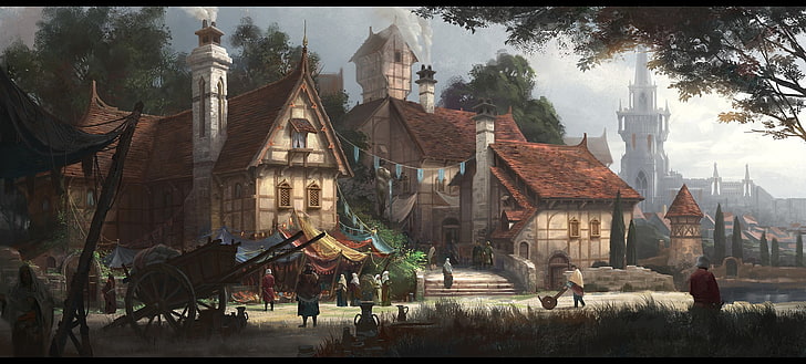 brown cartoon house illustration, artwork, villages, fantasy art, HD wallpaper
