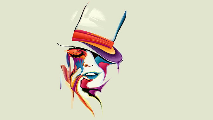 multicolored woman wearing hat painting, face, drawing, vector