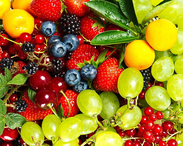assorted berries, food, fruit, strawberries, grapes, cherries, HD wallpaper