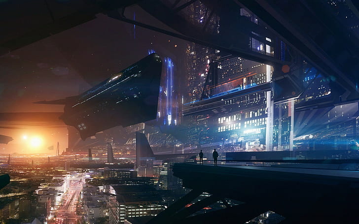 future city lights space futuristic spaceship fantasy art mass effect, HD wallpaper