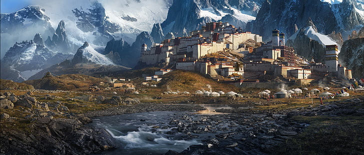 landscape, creeks, mountains, Tibet, tent, fortress, ultrawide