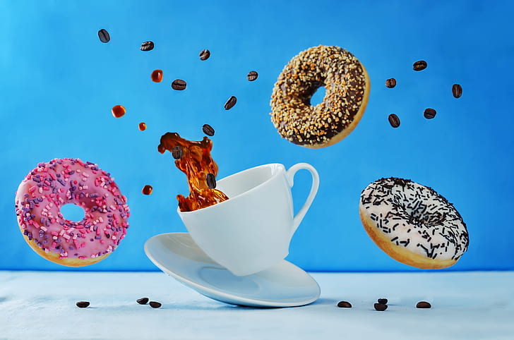 blue, table, background, coffee, Cup, white, donuts, drink, HD wallpaper
