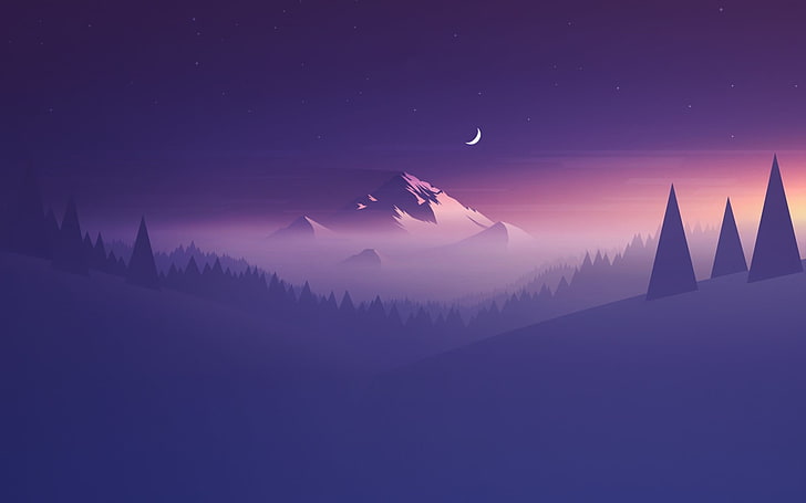 snow covered mountain digital wallpaper, mountains, trees, Moon