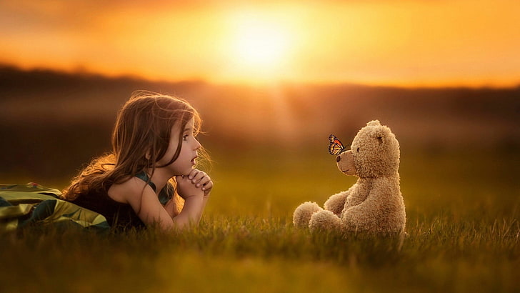 brown bear plush toy, children, photography, childhood, sunset, HD wallpaper