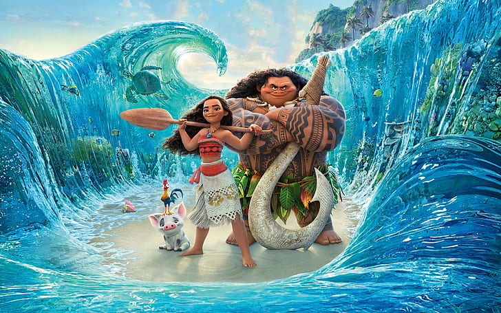 sea, wave, cartoon, girl, characters, paddle, Walt Disney Pictures