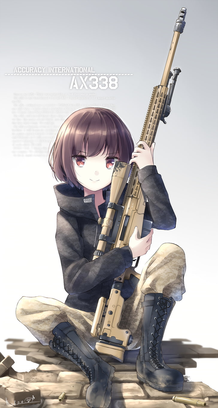 Hd Wallpaper: Anime, Anime Girls, Gun, Weapon, Sniper Rifle, Short Hair,  Brunette | Wallpaper Flare
