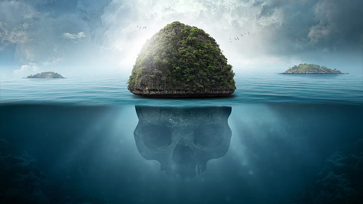 skull, underwater, island, caribbean, islet, tropical, sky, HD wallpaper