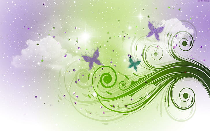Abstract Butterflies, green purple and white butterfly print illustration