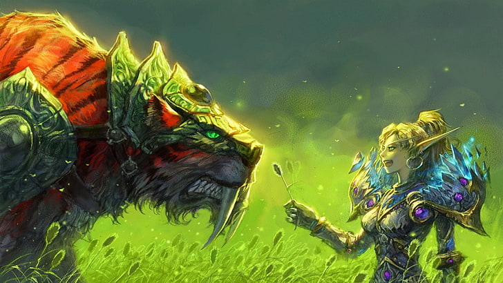 woman taming beast digital wallpaper, World of Warcraft, grass, HD wallpaper