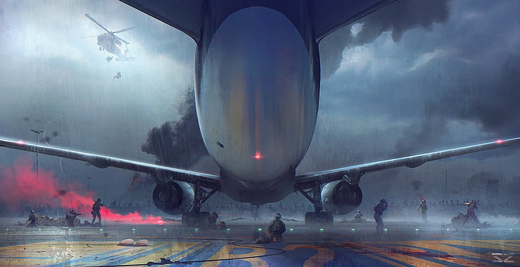war, artwork, digital art, airplane, airfield, Sergey Zabelin, HD wallpaper