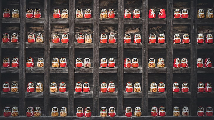 red canister lot, doll, wood, pattern, shelf, full frame, no people, HD wallpaper