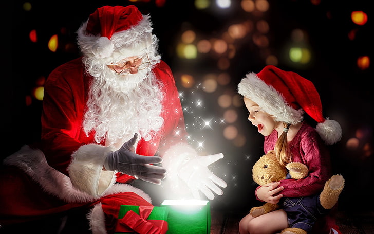 Santa Claus Gift Magic And Baby, Santa Claus digital wallpaper