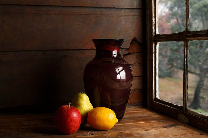 still life, window, vases, fruit, HD wallpaper