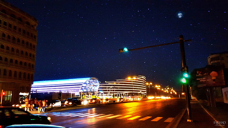 cityscape, street, traffic, night, stars, illuminated, building exterior