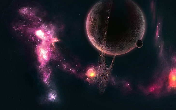 pink and black LED light, space art, planet, planetary rings, HD wallpaper