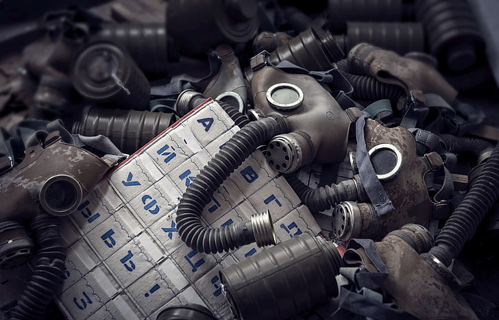 gas masks, dark, indoors, large group of objects, industry, HD wallpaper