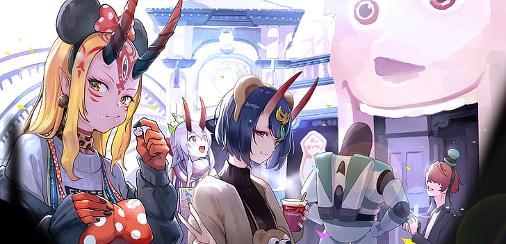 anime girls, Fate/Grand Order, Ibaraki Douji, horns, anime girls eating, HD wallpaper
