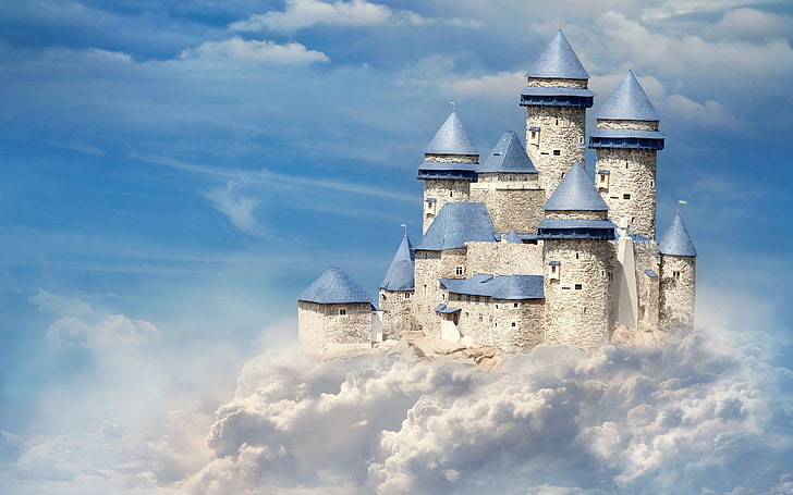 white and gray concrete castle, white and blue castle in clouds