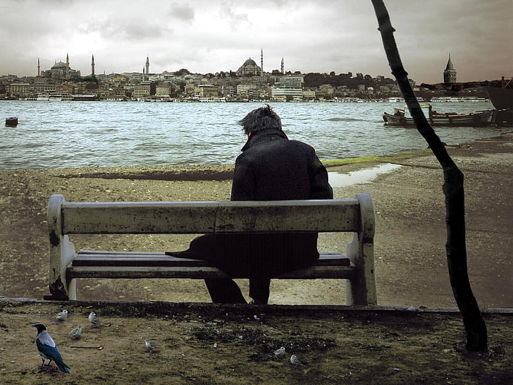 men's black coat, alone, bench, Turkey, cityscape, water, nature