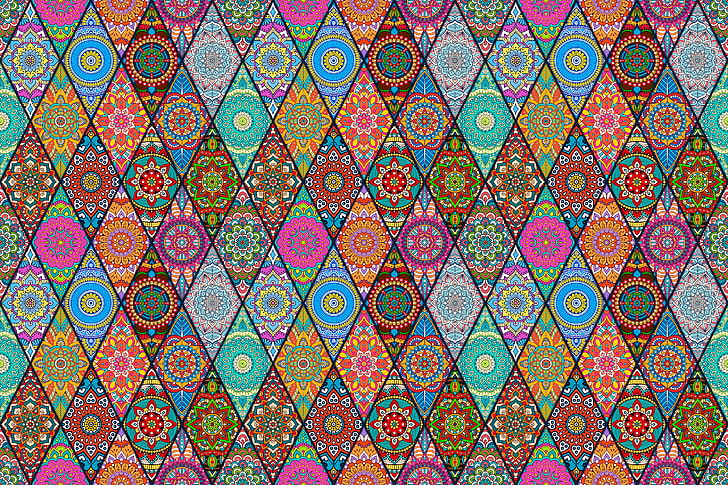 multicolored mandala digital wallpaper, flowers, patterns, diamonds
