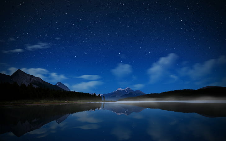 lake, night, water, sky, stars, mountains, reflection