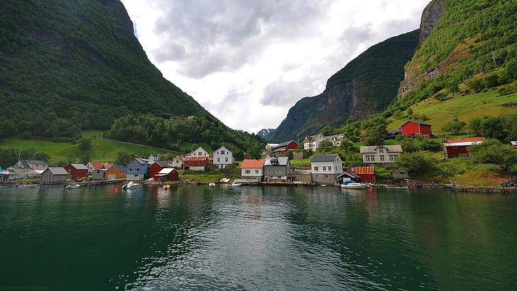 Norway, mountains, houses, village, lake, HD wallpaper
