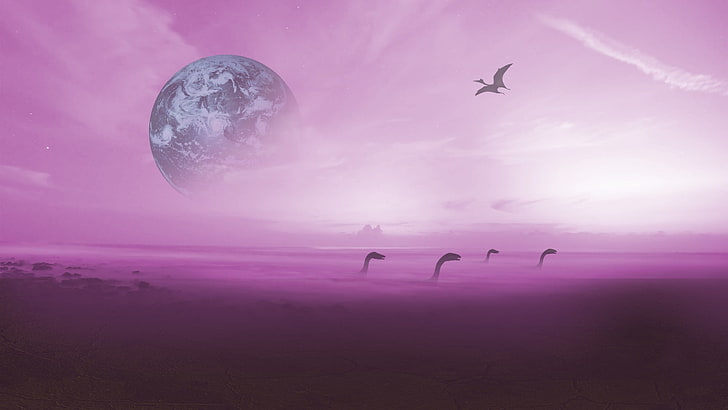 four dinosaur, atmosphere, planet, dinosaurs, purple, space, fantasy art, HD wallpaper