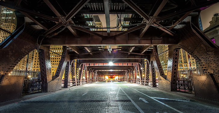 brown steel bridge, Chicago, street, asphalt, cityscape, architecture
