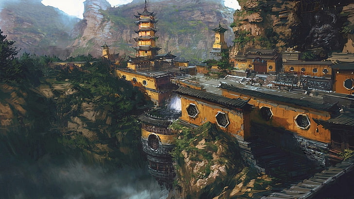 green leafed trees, fantasy art, forts, Chinese, architecture