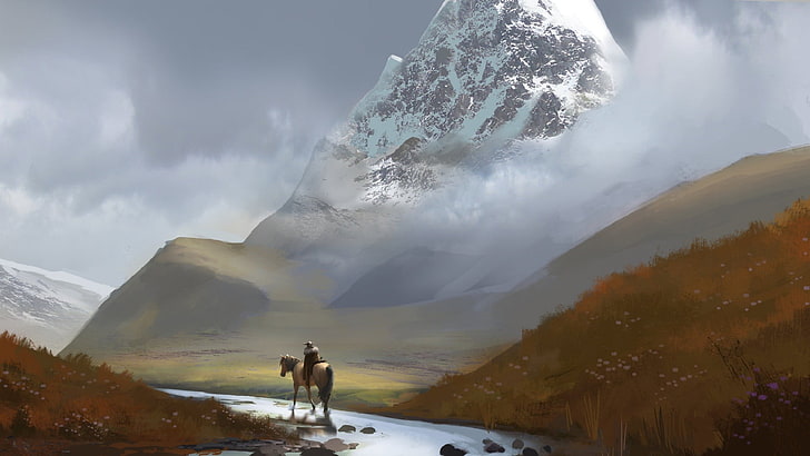 white horse, artwork, digital art, landscape, mountains, river