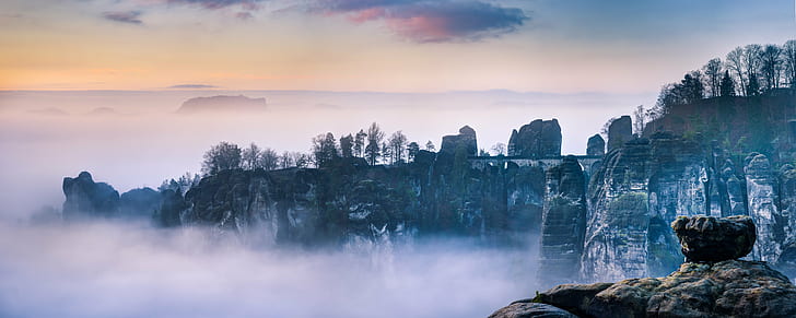 landscape photograph of cliff, Bastei, im, Deutschland, Elbsandsteingebirge, HD wallpaper