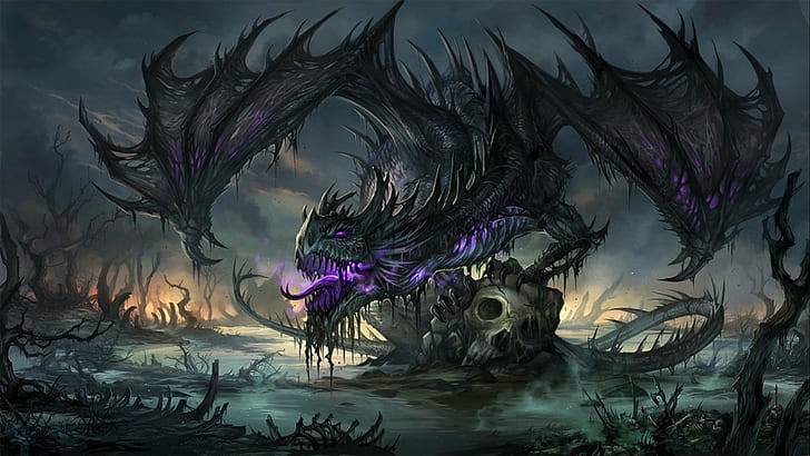 Dragons, fantasy, Gothic, Purple, skull, wings