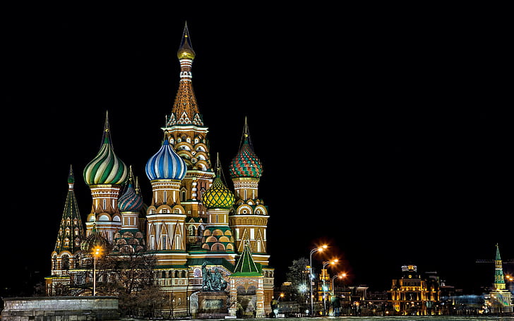 Moscow St. Basil's Cathedral, lights, building, architecture, HD wallpaper