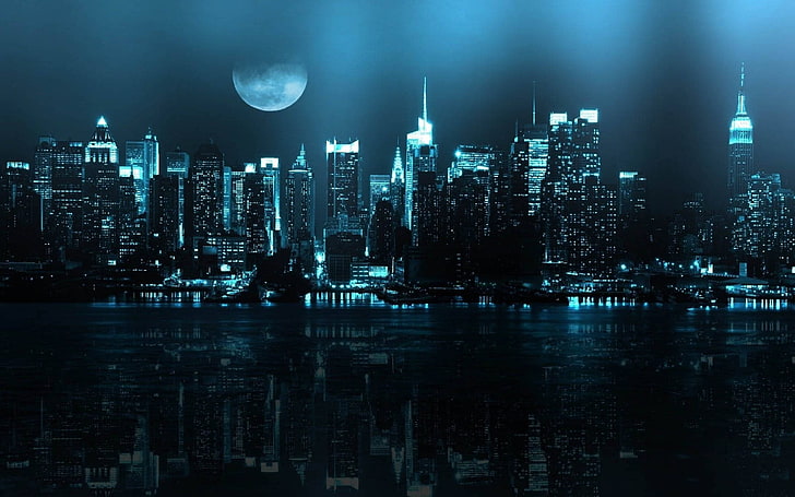night, cityscape, reflection, digital art, Moon, building exterior