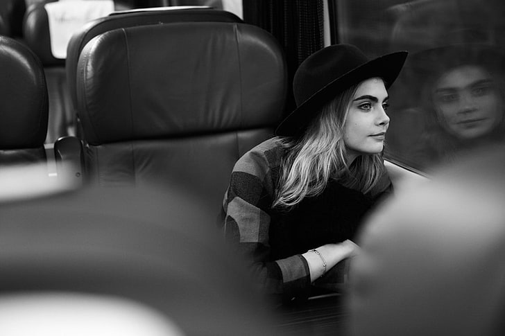 grayscale photo of woman wearing hat and sweater inside vehicle, HD wallpaper