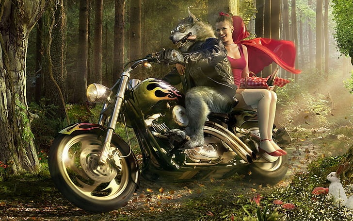 Wolf Biker and Little Red Riding Hood, black and red cruiser motorcycle