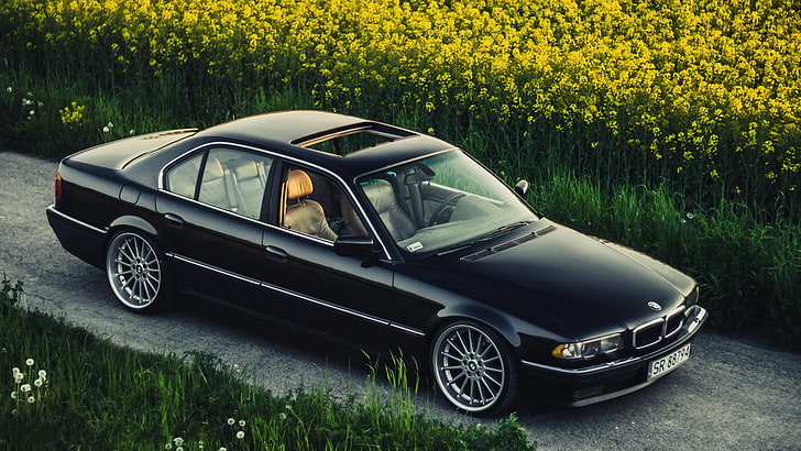black BMW M-series sedan, Boomer, Stance, E38, Bimmer, Rollers, HD wallpaper
