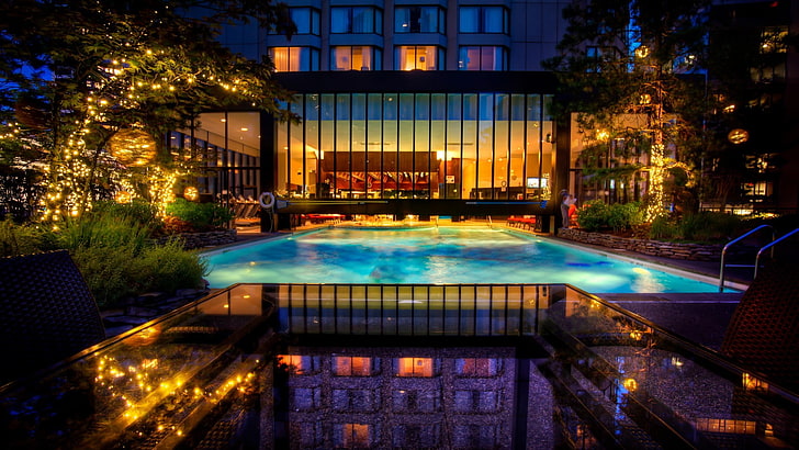 rectangular swimming pool, building, hotel, Vancouver, illuminated