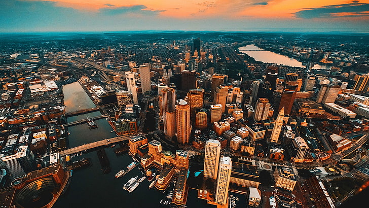 city, cityscape, aerial view, boston, aerial photography, massachusetts, HD wallpaper