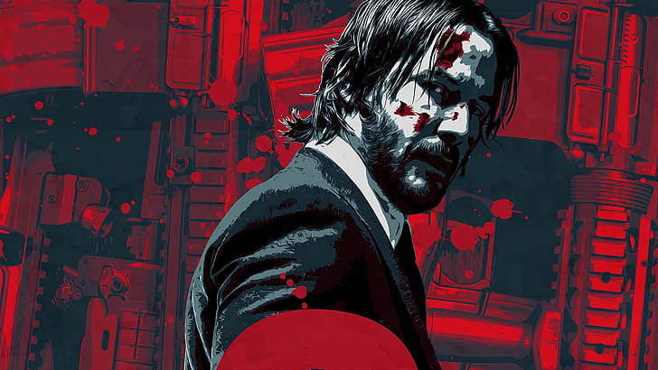 cinema, gun, blood, weapon, man, movie, film, rifle, Keanu Reeves, HD wallpaper