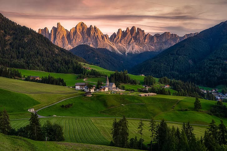 Santa maddalena, Italy, village, landscape, field, mountains, HD wallpaper