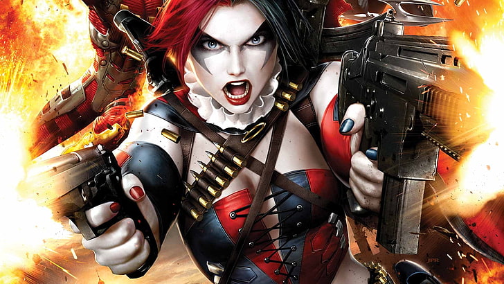 woman carrying assault rifle digital wallpaper, Harley Quinn