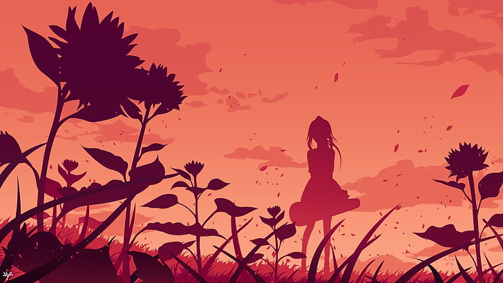 anime girls, graphic design, silhouette, one person, sky, plant