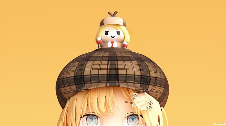 Hololive, yellow hair, bangs, blue eyes, hat, yellow background, HD wallpaper