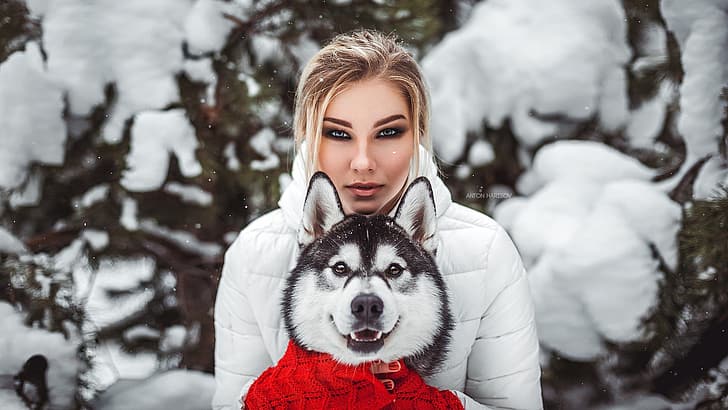 winter, look, face, girl, snow, portrait, dog, friends, Husky, HD wallpaper
