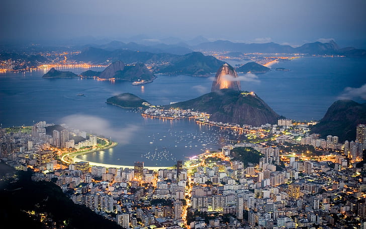 Brazil, Rio de Janeiro, evening, sea, lights, coast, houses, mountains, HD wallpaper