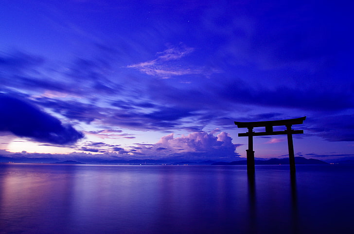 Itsukushima shrine, the sky, clouds, landscape, the ocean, gate