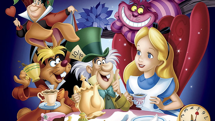 alice in wonderland images background, multi colored, smiling, HD wallpaper