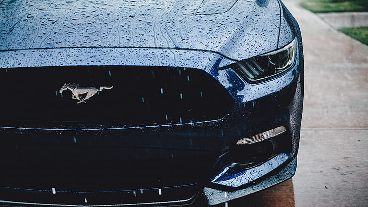 Hd Wallpaper Wet Black Car Rain Raindrops Headlamp Ford Mustang Automotive Exterior Wallpaper Flare