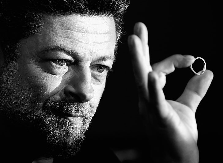 silver-colored ring, andy serkis, actor, face, beard, bw, one person